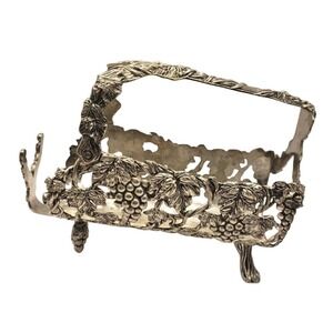 Vintage Silver Tone Grape Vine Wine Bottle Cradle Pourer Ornate Repousse Decor
